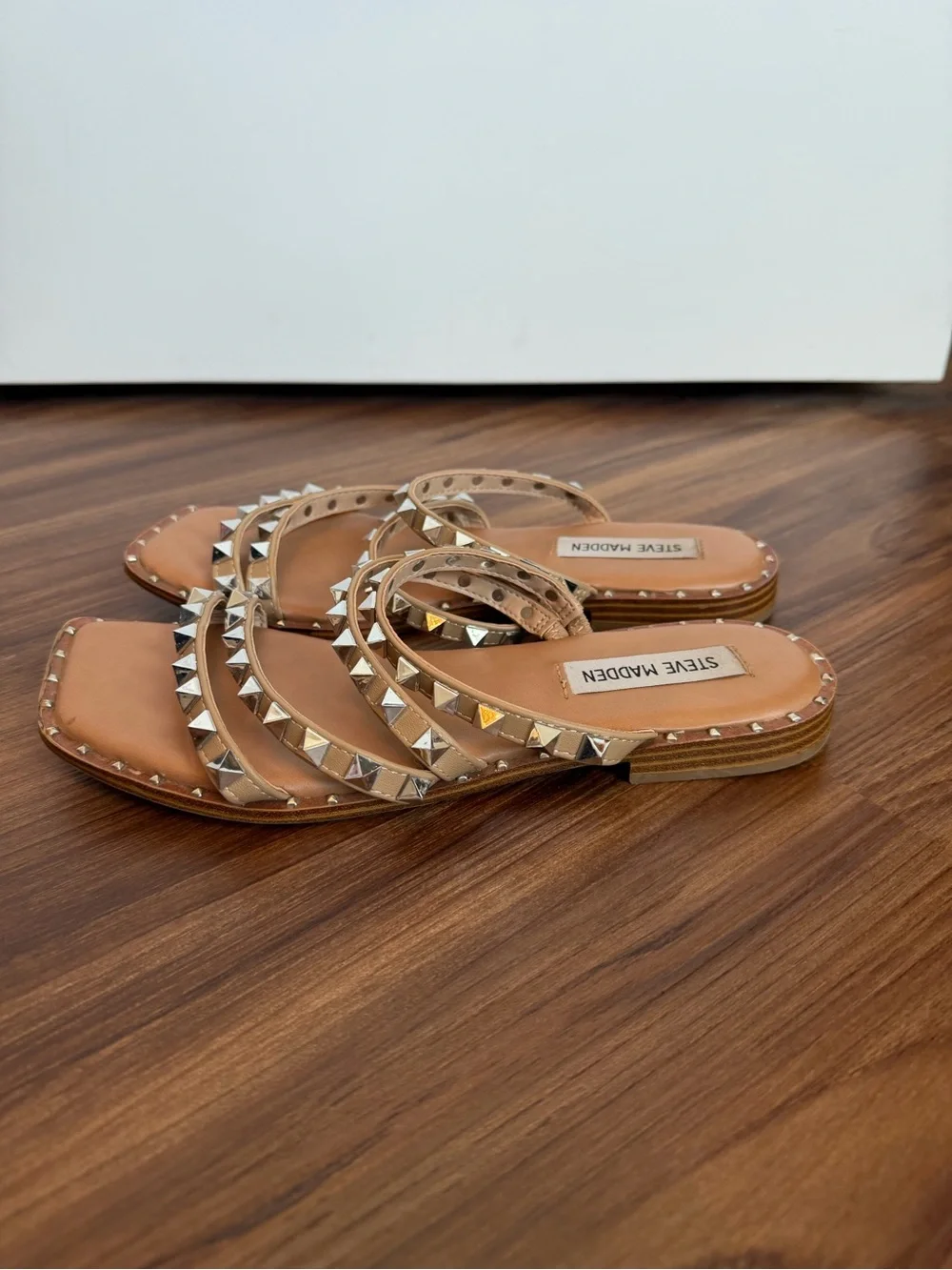 Steve Madden Tan Multi-Stud Three-Strap Slide Sandals